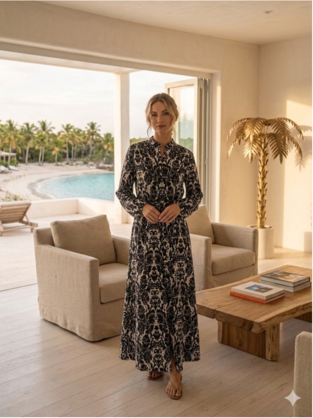 Emma & Michele Maxi Dress 3X Damask Print Black White Long Sleeve Shirt Dress